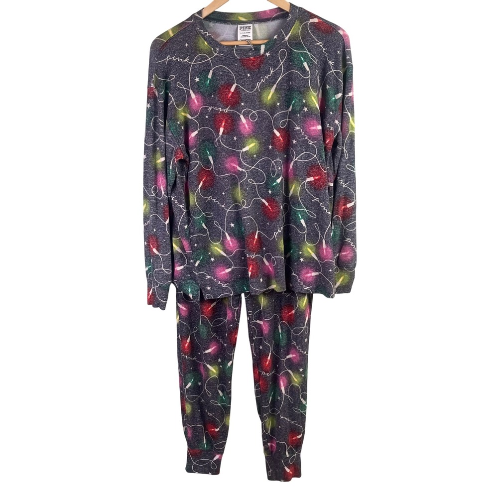 Victoria's Secret Pink Gray Christmas Lights Pajama Set Long Sleeves Size Small